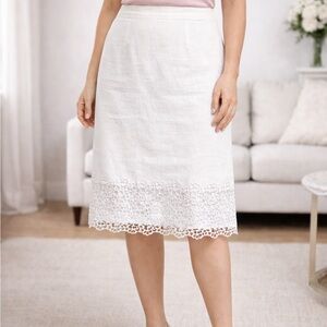 Ann Taylor Womens Linen Skirt Size 14 White Lace Hem Eyelet Midi Summer